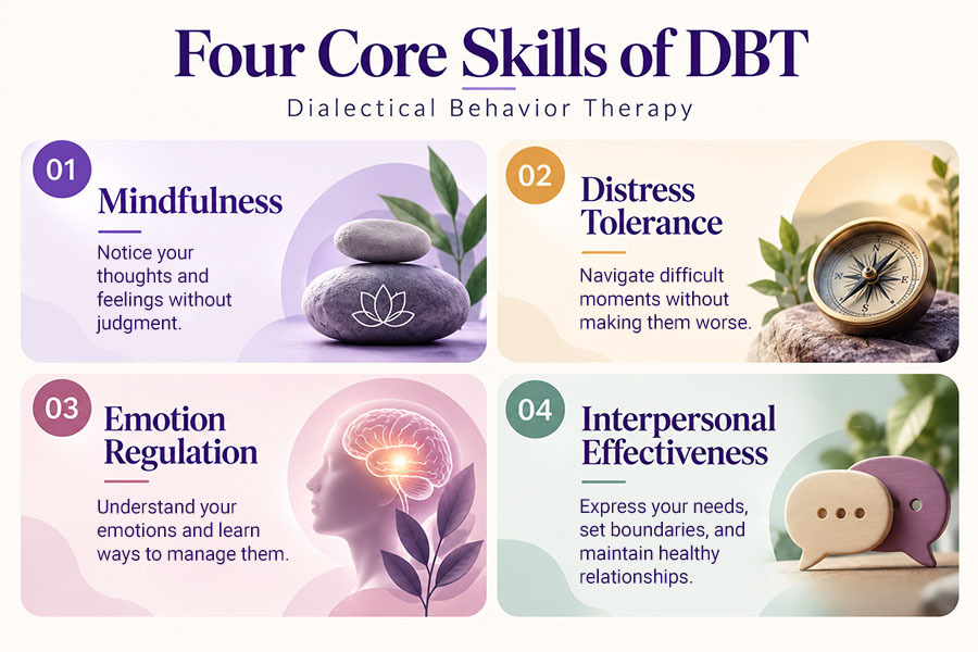 Illustration of the four core DBT skills—mindfulness, distress tolerance, emotion regulation, and interpersonal effectiveness—at Evolve Therapy & Counseling in Miami.
